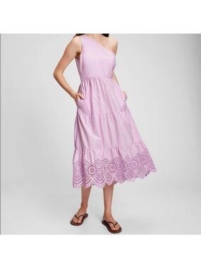 GAP One-Shoulder Lavender Eyelet Tiered Midi Dress with Pockets size 8